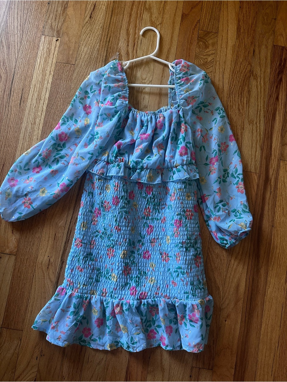 Light Blue Floral Smocked Girls' Dress with Puff Sleeves